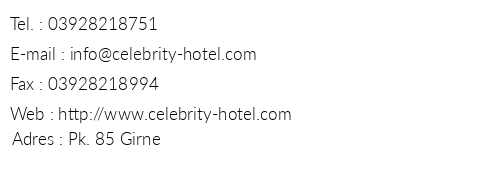 Celebrity Hotel telefon numaralar, faks, e-mail, posta adresi ve iletiim bilgileri